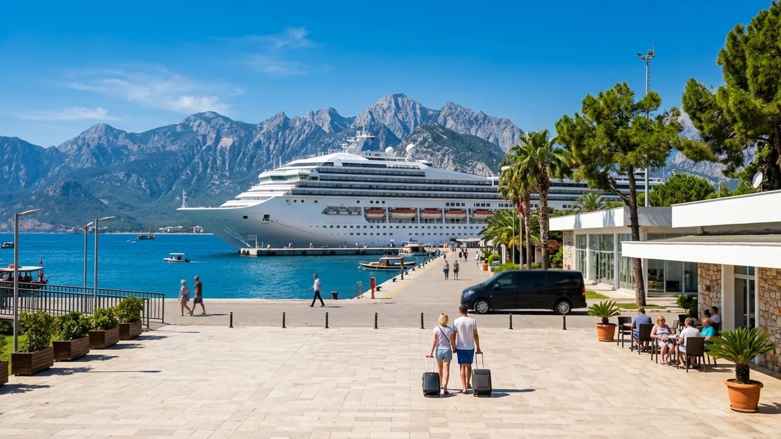 A large white cruise ship docked at Antalya port terminal with the Taurus mountains behind.