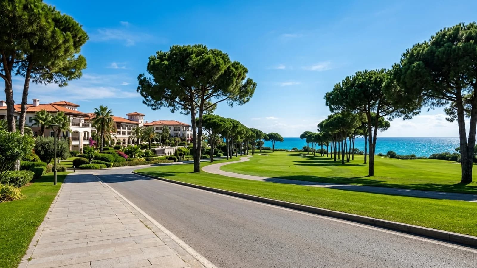 Belek'te fıstık çamlarıyla çevrili bir golf sahası, arkasında bir otel ve uzakta parıldayan deniz.