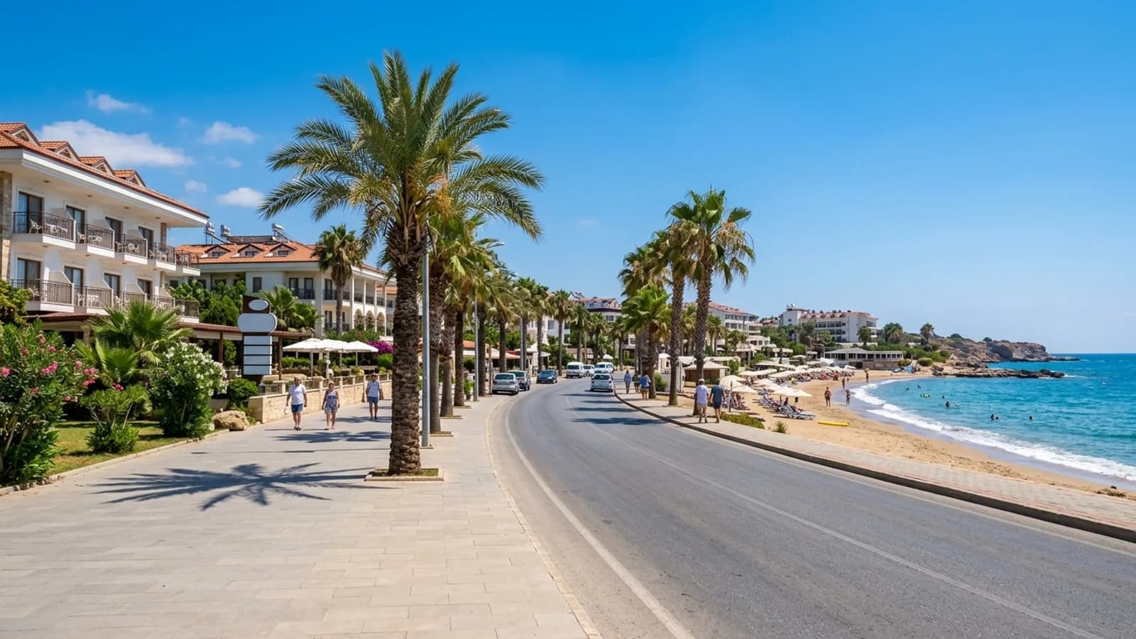 Kızılot'ta palmiyeli bir yolun iki yanında oteller ve ince kumsalı olan güneşli bir tatil köyü.