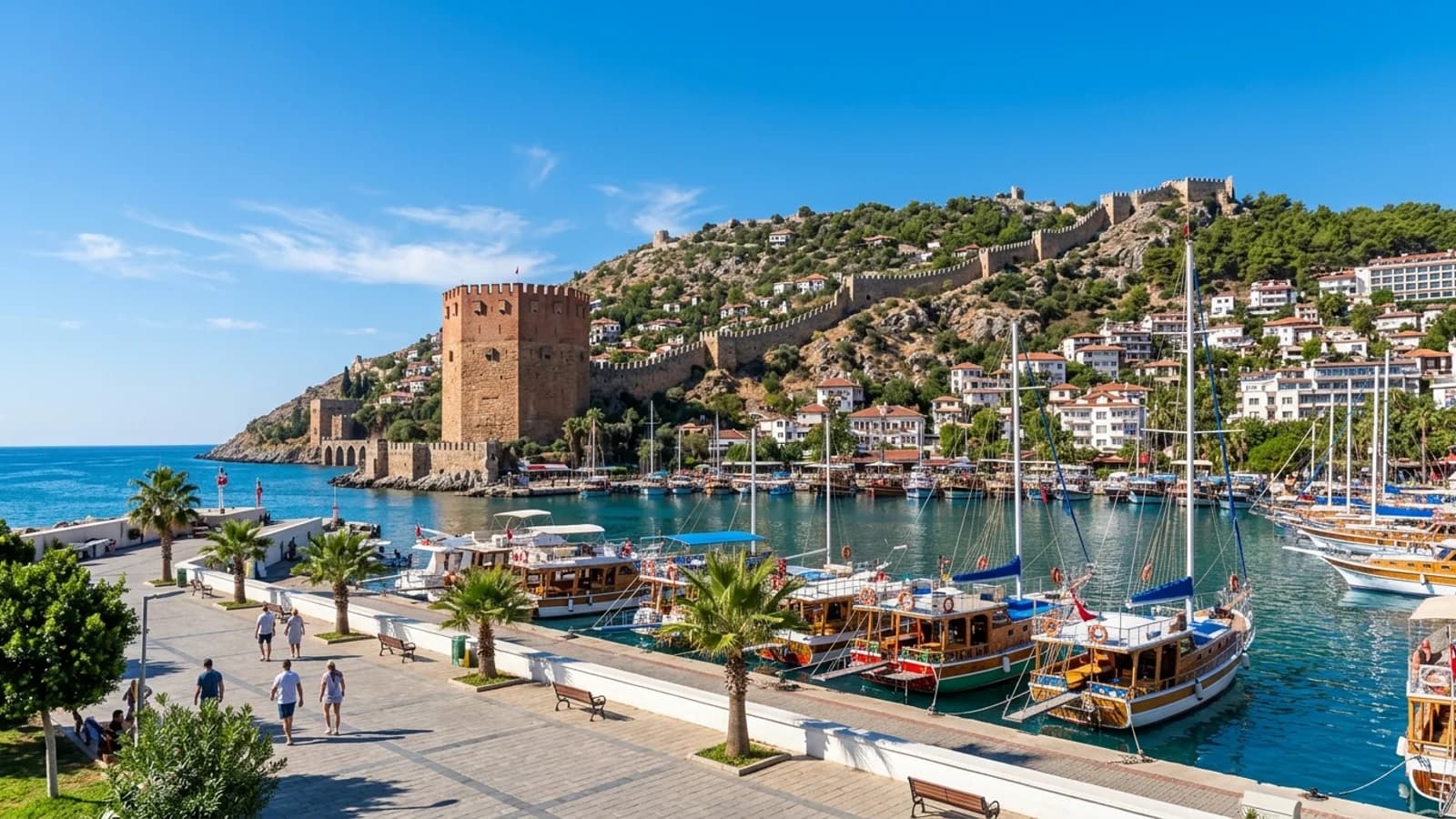Alanya limanındaki renkli gezi tekneleri, tarihi Kızıl Kule ve yarımadadaki kale surları.