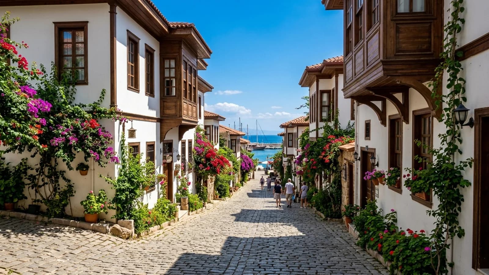 Historische straat in Antalya Kaleiçi Een smal kasseienstraatje in de oude stad van Antalya met gerestaureerde Ottomaanse huizen en zeezicht.