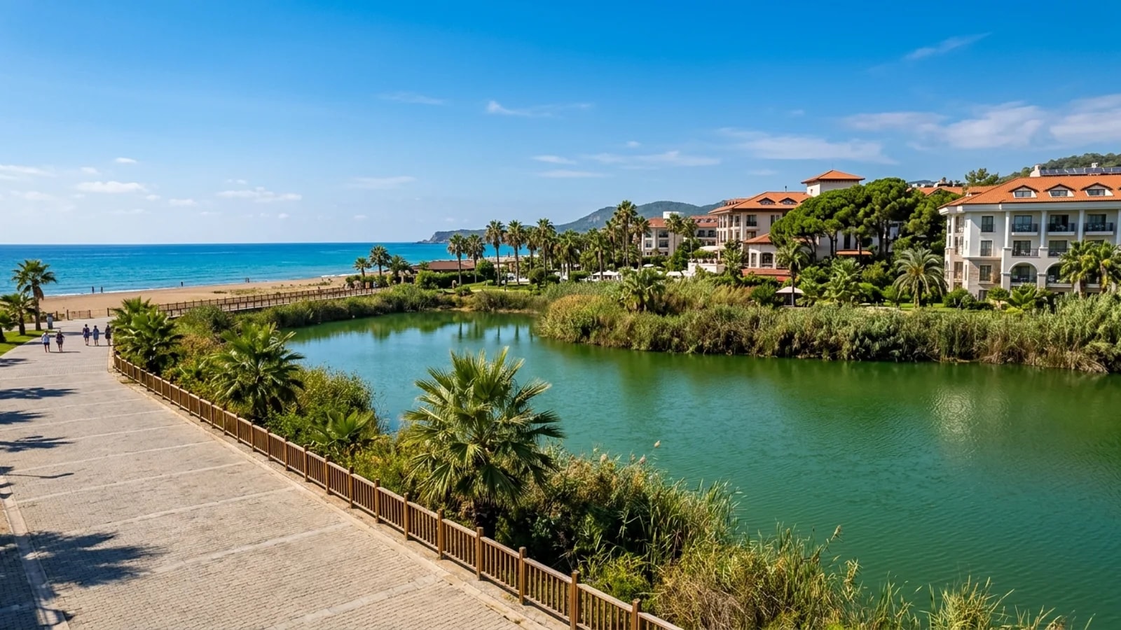 Titreyengöl lake and resort hotels Resort hotels beside a small green lake with reeds and palms near Titreyengöl beach.