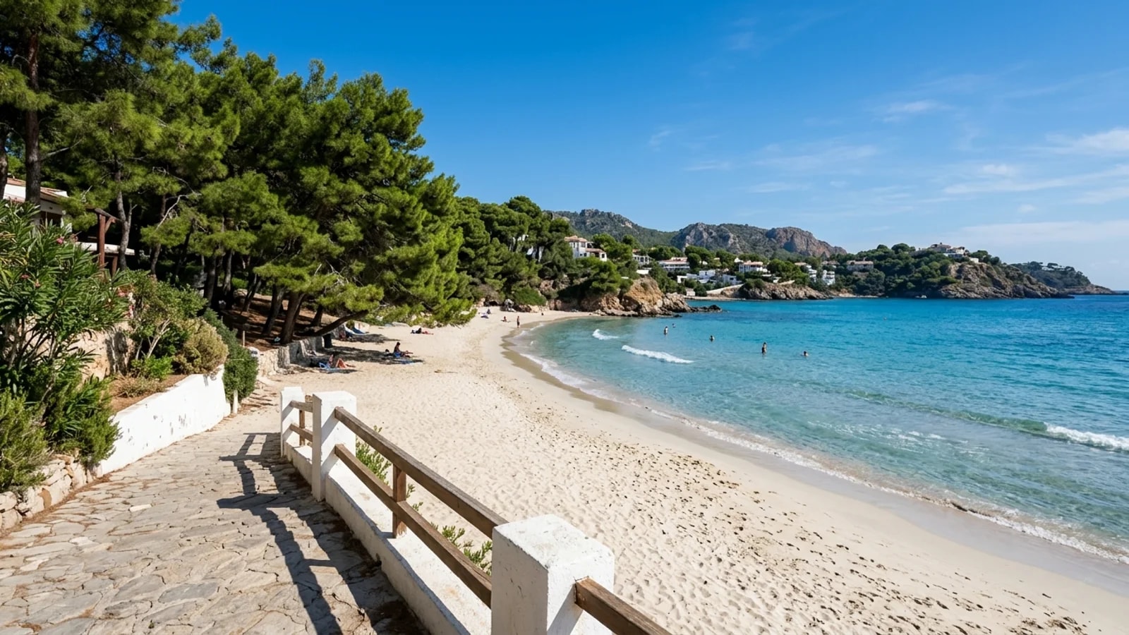 Shady pine trees on İncekum beach A fine pale sandy beach at İncekum shaded by pine trees beside a gentle, shallow sea.