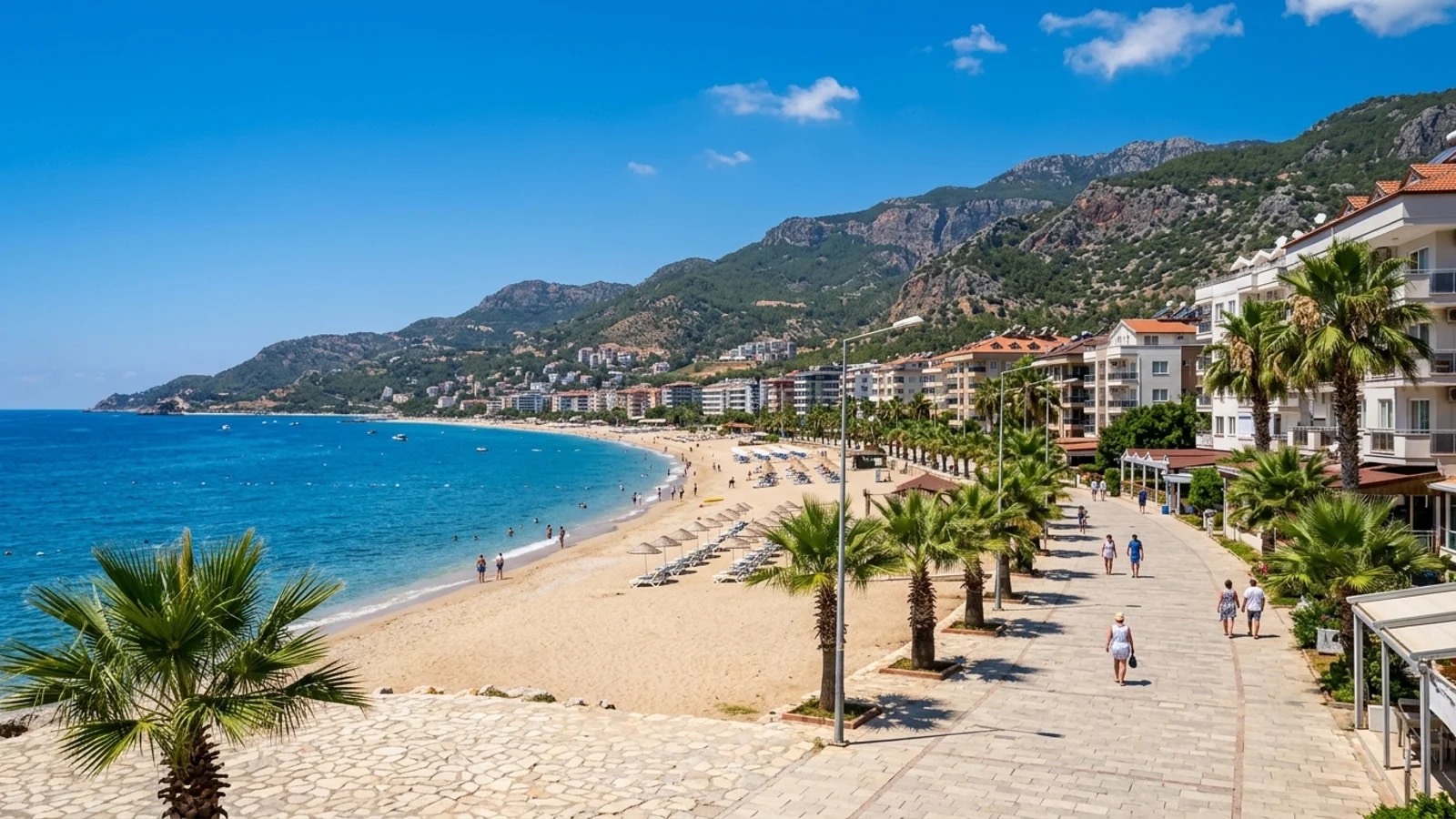 Der malerische Sandstrand von Kestel Sandstrand in Kestel mit einer palmenbesäumten Promenade, Hotels und den im Hintergrund aufragenden Taurus-Bergen.