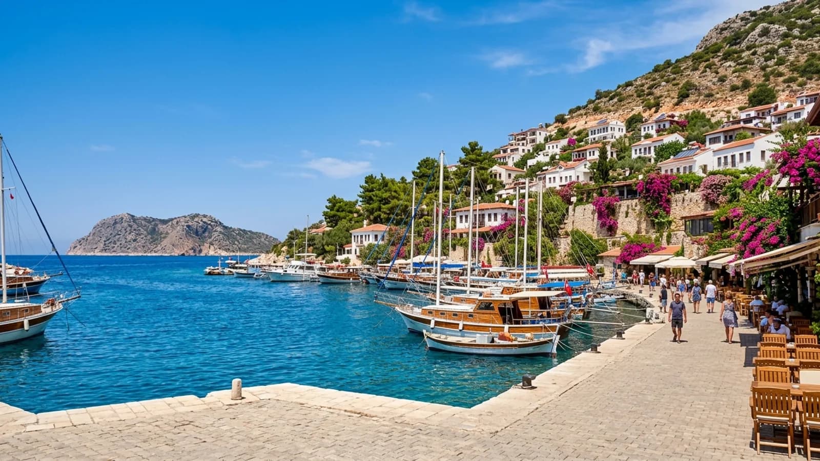 Transfer vom Flughafen Antalya nach Kaş Holzboote im Hafen von Kaş mit weißen Häusern am Hang, Bougainvillea und einer felsigen Insel.