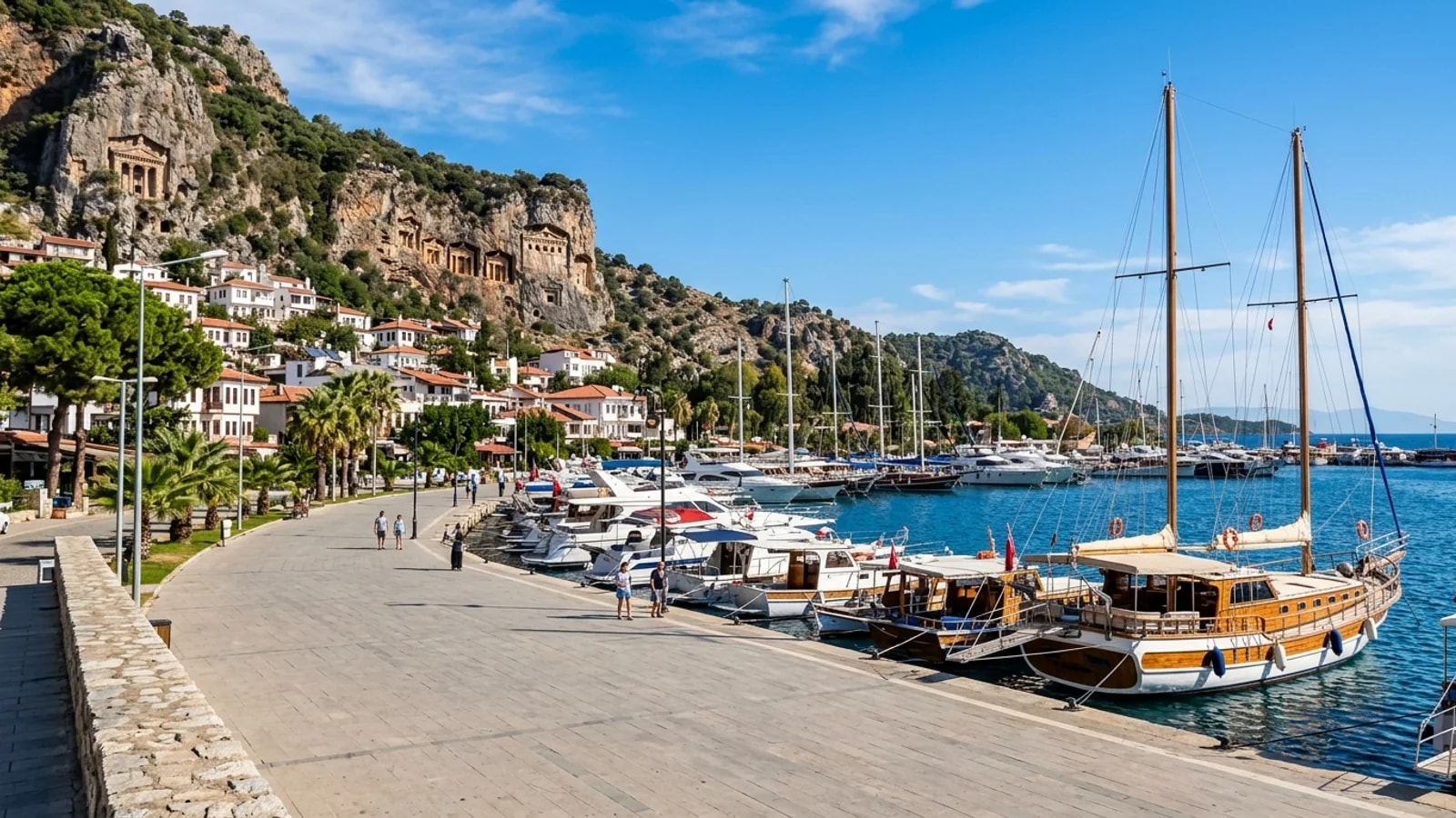 Fethiye harbour and ancient rock tombs Yachts and wooden gulets moored in Fethiye harbour below ancient rock tombs carved into the cliff.