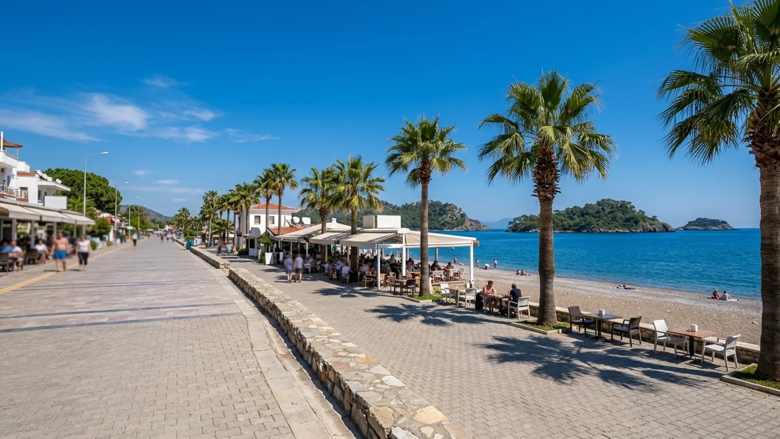 Transfer vom Flughafen Antalya zum Çalış-Strand Ein langer Strand in Çalış bei Fethiye mit einer palmenbesäumten Promenade und grünen Inseln.